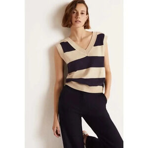 ODDY Women Navy & White Striped Sleeveless V-Neck Pullover Sweater Size 2XL